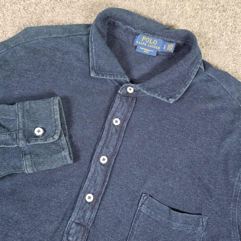 Polo Ralph Lauren Polo Shirt Mens LG Blue Featherweight Mesh Long Sleeve Pocket